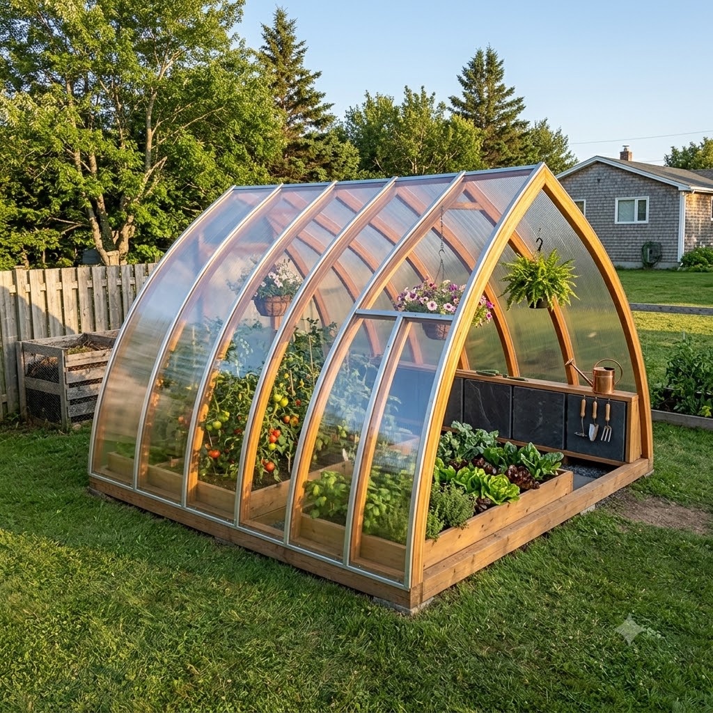 A GreenPhab in a back yard: a timber-ribbed polycarbonate arch over raised growing beds of tomatoes and greens