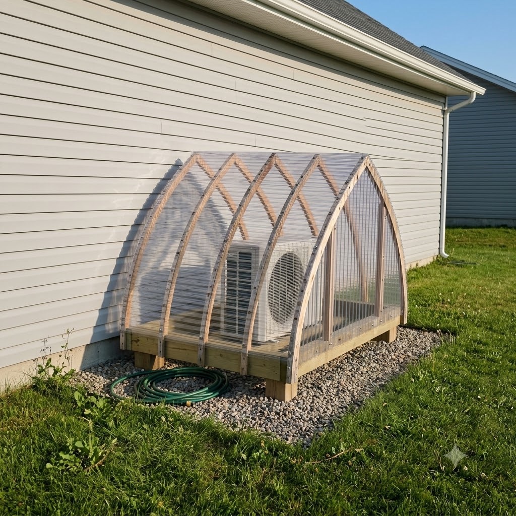A Heat-Pump Sophab: a low plywood-ribbed polycarbonate arch sheltering an outdoor heat-pump condenser against a house wall