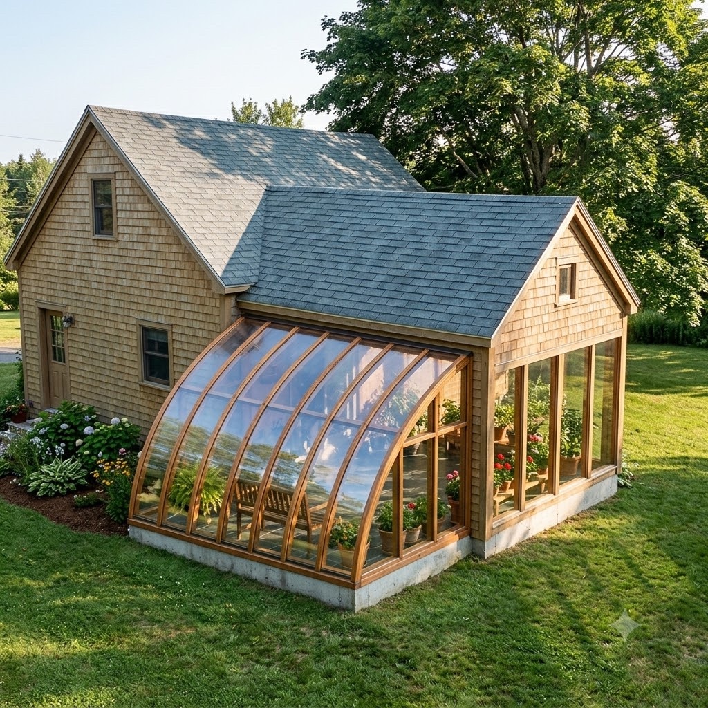 A Sophab Solarium: a curved timber-ribbed glazed arch built against the wall of a cedar-shingled Maritime home