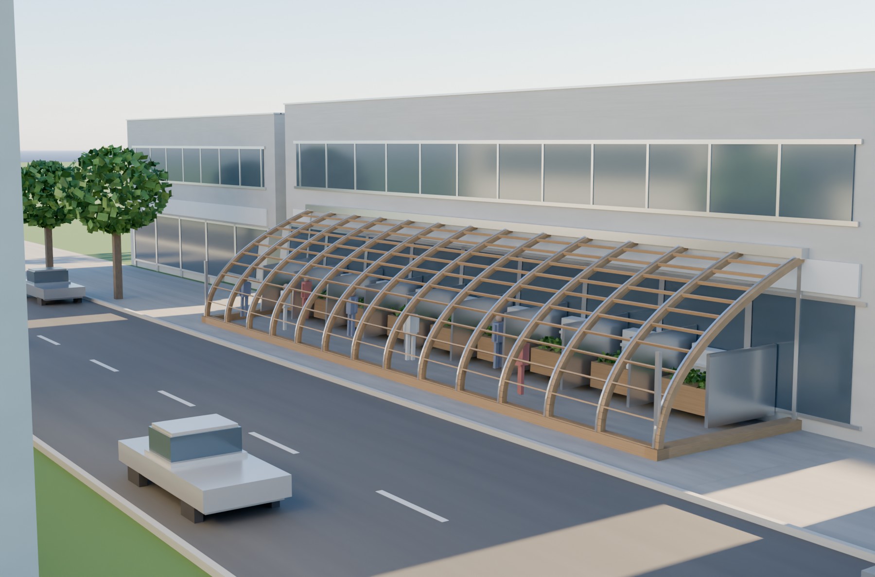 A long half-arch along a commercial frontage, divided into nine vendor bays with counters, produce and shoppers under the glass