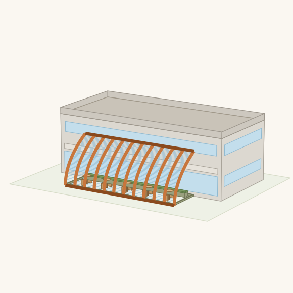 A half-arch glazed shell along a restaurant frontage enclosing a patio with cafe tables inside