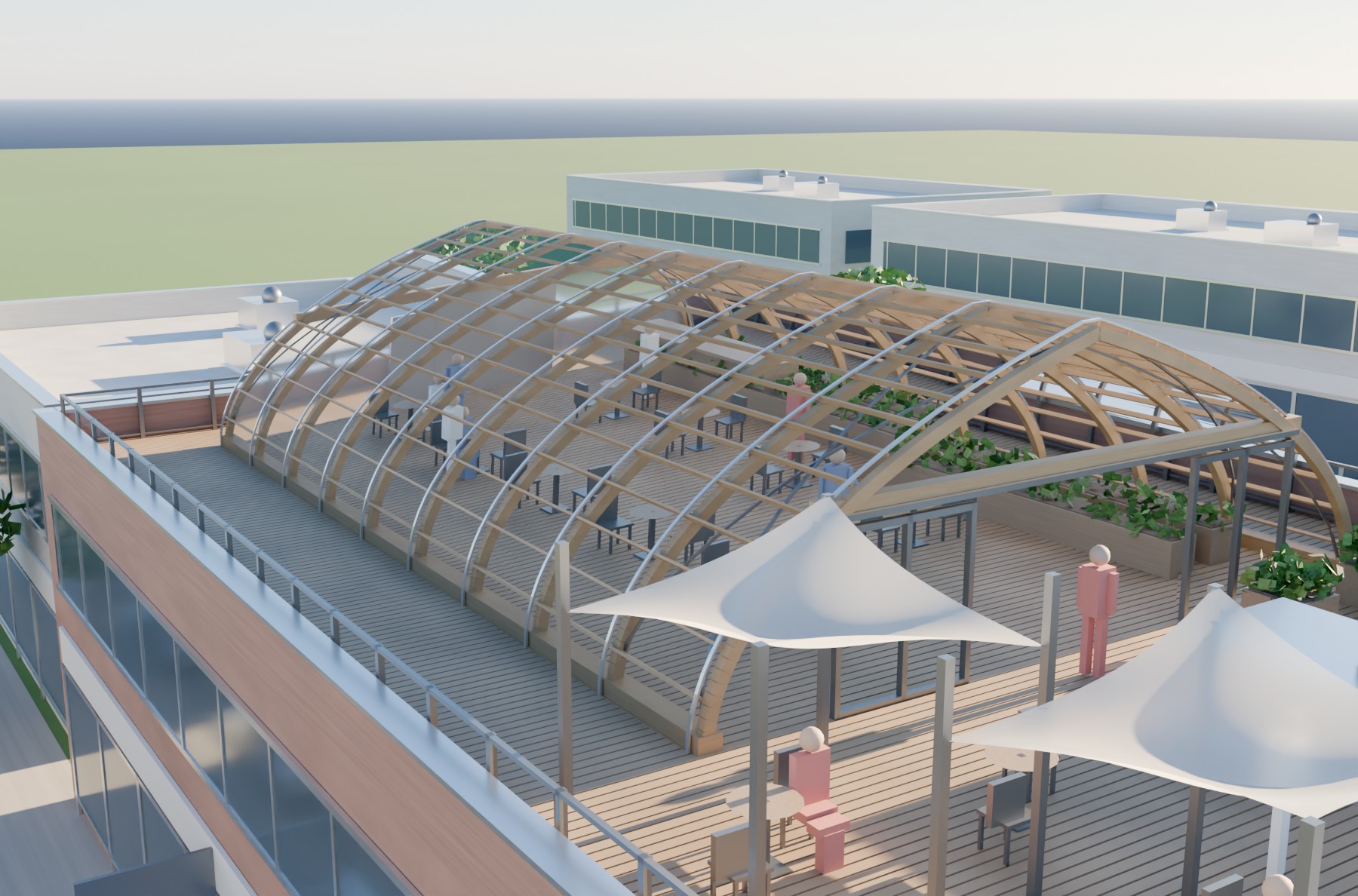 The rooftop from above the open terrace: tables and planting inside the glazed shell, its sliding end wall parked open onto the deck, and a guard rail round the whole roof