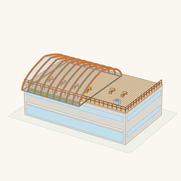 Closer view of the rooftop shell: tables inside the enclosed glazed area and more out on the open deck beside it