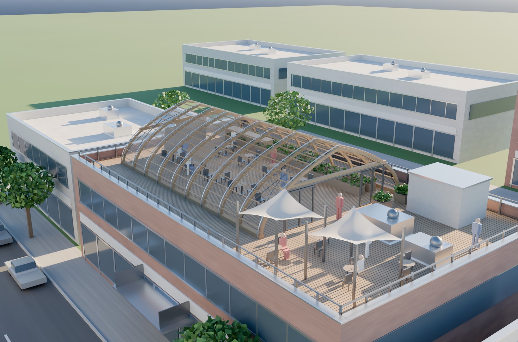 A glazed timber-ribbed arch over half a two-storey commercial roof, the rest left as open deck with cafe tables and shade sails