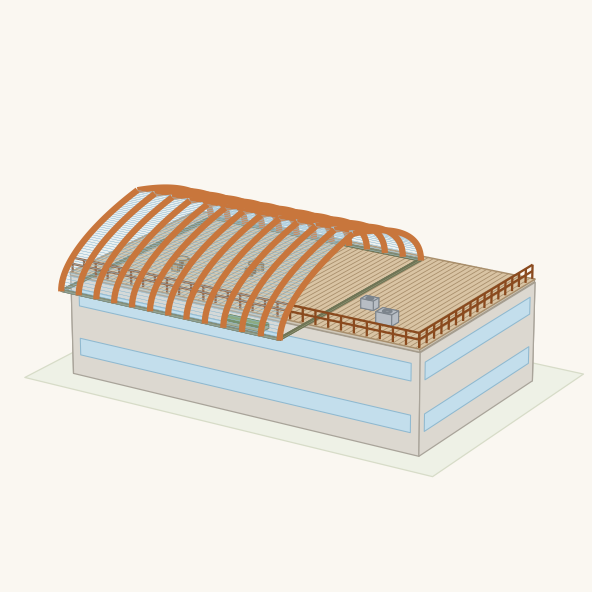 A glazed arch shell over part of a two-storey commercial flat roof, with the rest left as open deck and the existing rooftop units still in place