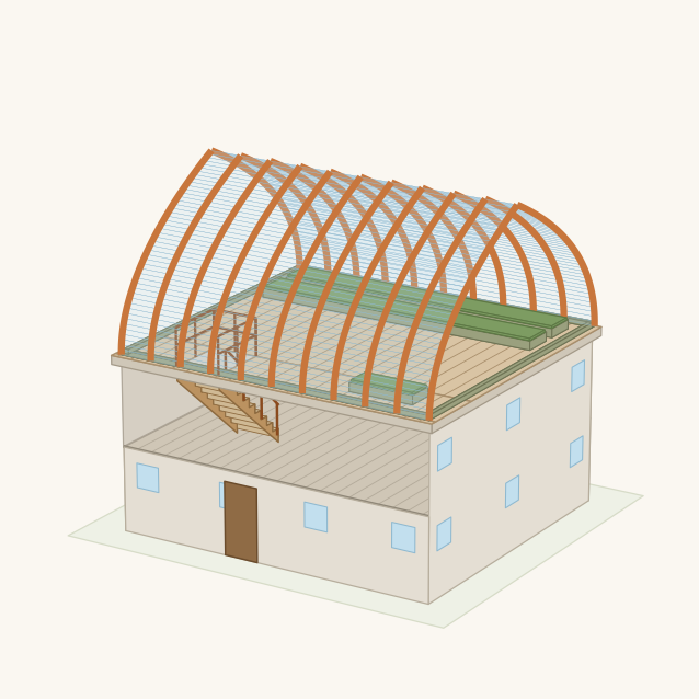 Cutaway of a fully-enclosed RoofPhab: the arch spans the whole roof, with a stair climbing from the new top floor into the glazed volume