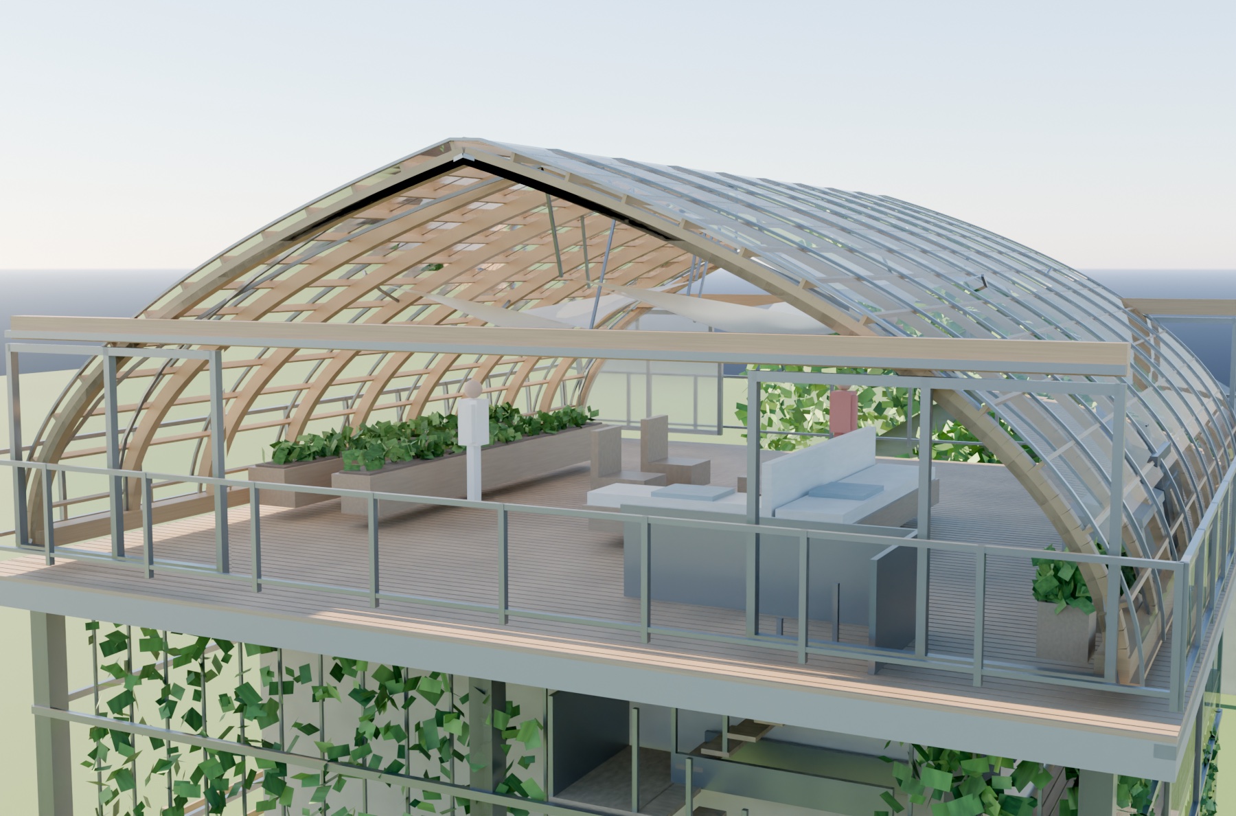 The RoofPhab glasshouse with its near gable end slid open: a wide clear opening under a timber head beam, with the glazed leaves parked to either side and the terrace running straight out through it