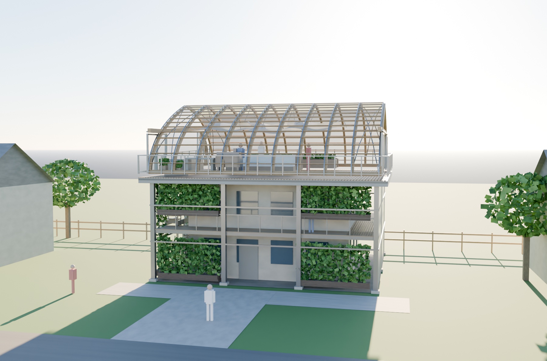 A RoofPhab seen from the street: the peaked roof replaced by a terrace under the gothic-arched glasshouse, timber ribs carrying purlins and Quick-Click glazing track, with the storeys below wrapped in a glazed shell on slim posts