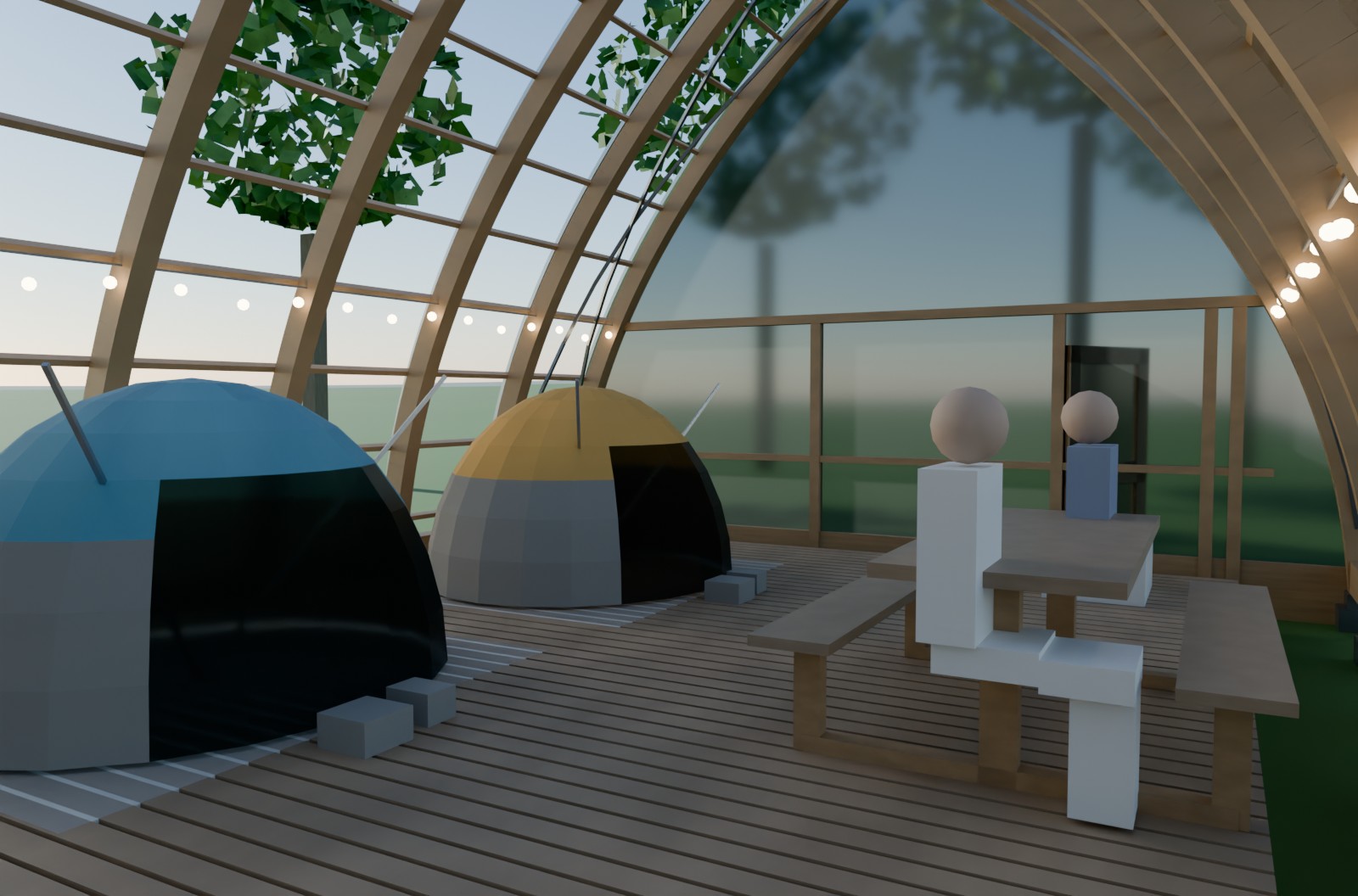 Inside the lakeside shell: two dome tents pitched on an open-jointed timber deck, a picnic table, string lights along the ribs, the screened end and the water beyond