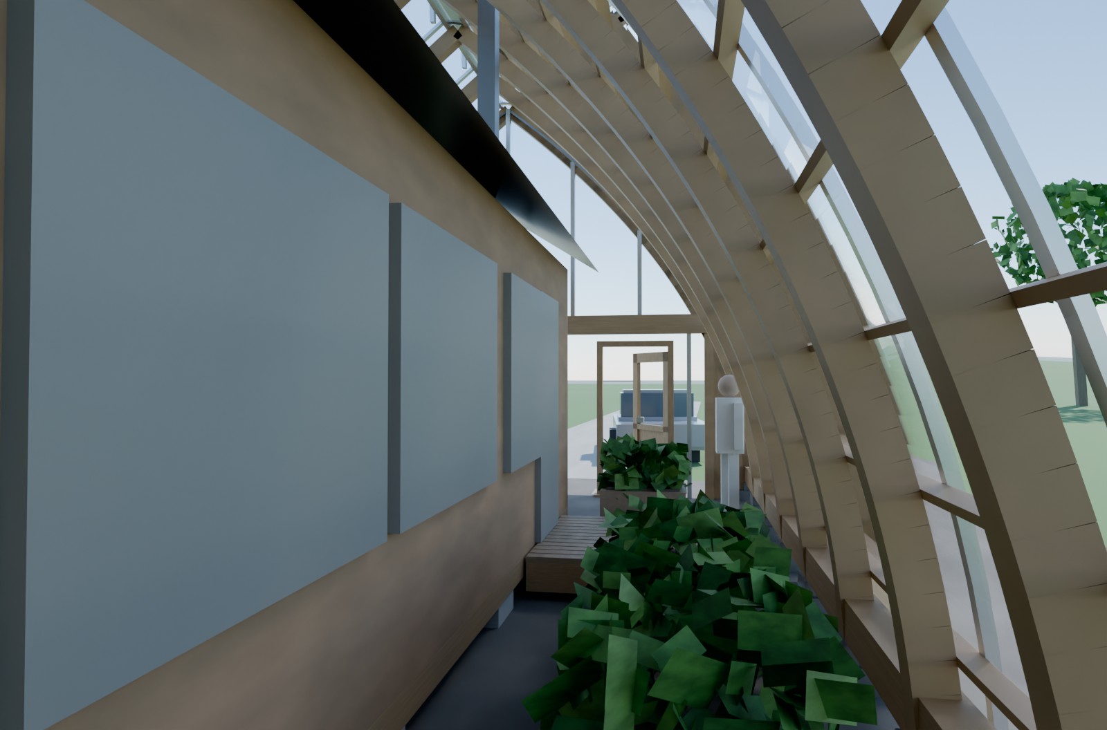 Inside the shell beside the tiny home: its windows and wall to one side, the glazed arch overhead, a growing bed along the sunny flank and the far end's door beyond