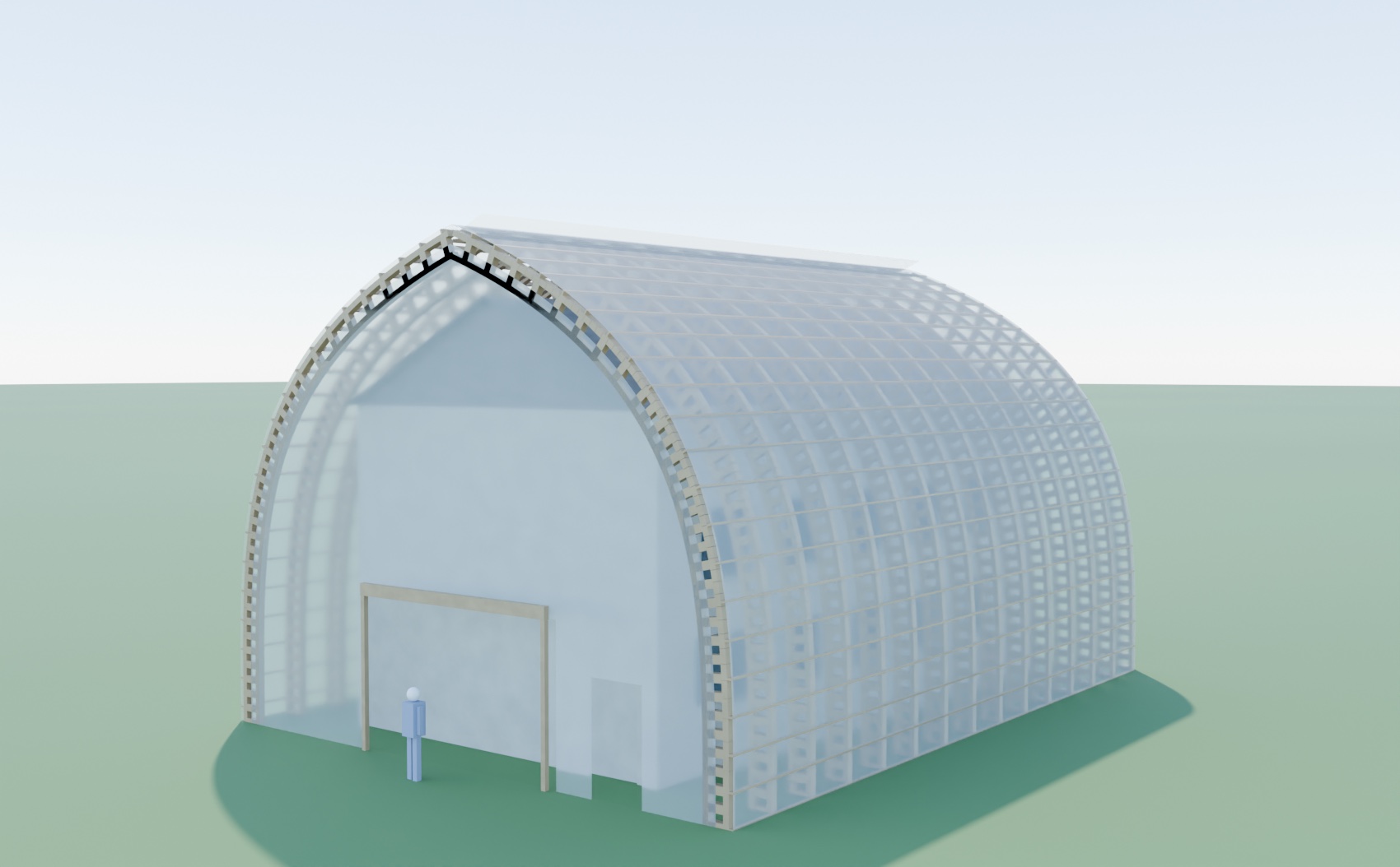 A Solarship — a free-standing glazed arch enclosing a whole house