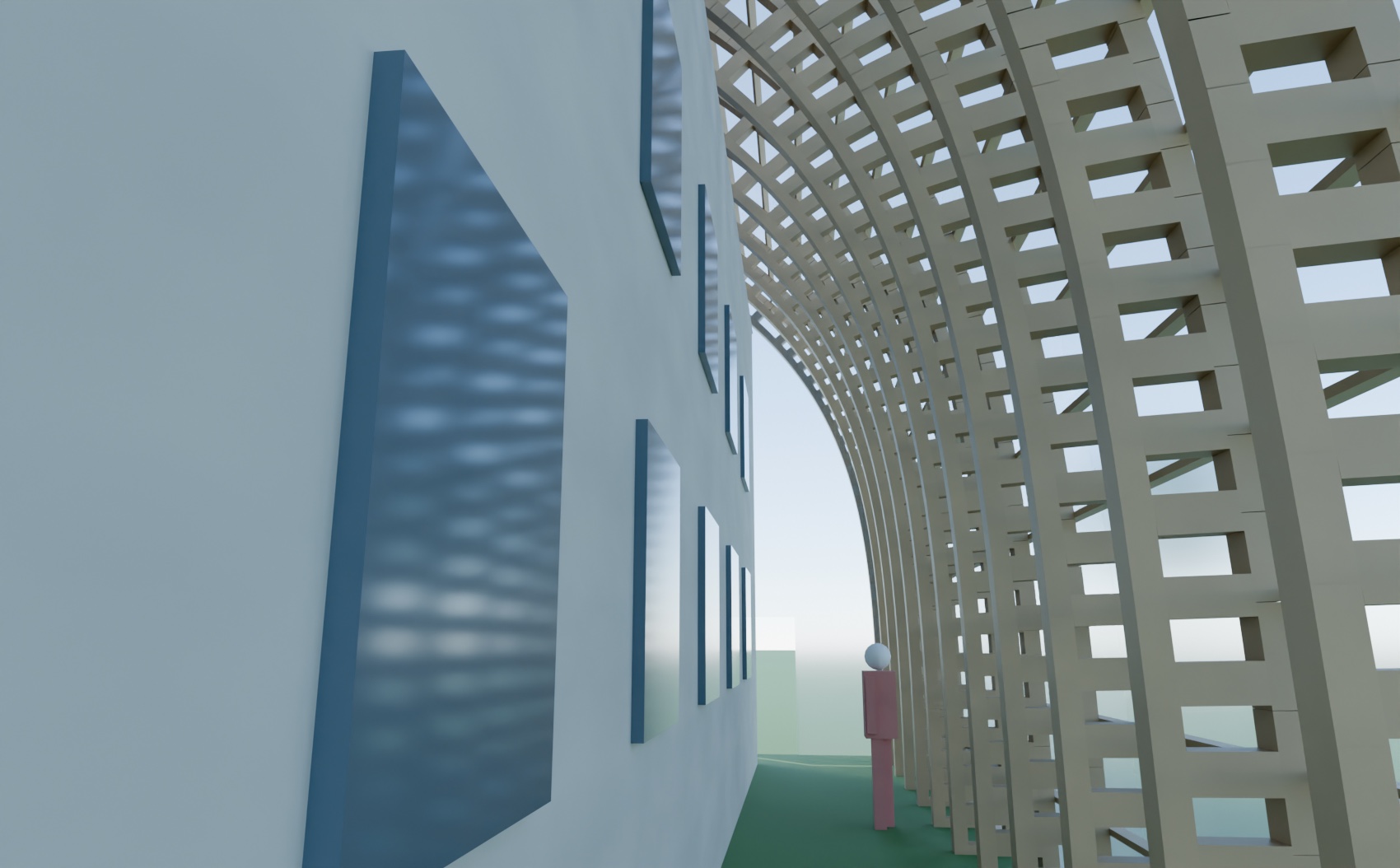 Model view from inside the buffer, standing between the house and the shell: the home's windowed wall on the left, the open-web timber ribs curving overhead and down the right-hand side, a person for scale